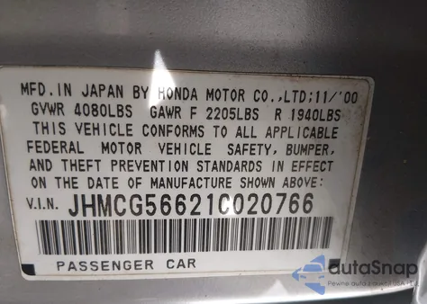 2001 Honda Accord 2.3 Ex z USA, uszkodzony, nr VIN JHMCG56621C020766